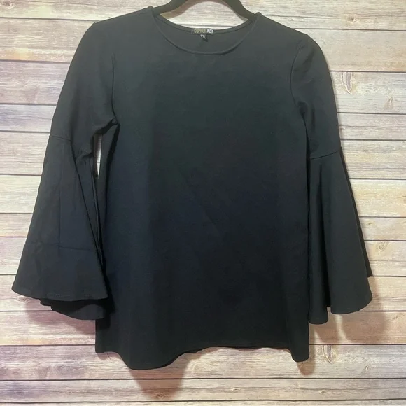 ⭐️ Vintage Copper Key Bell Fan Sleeved Top Size Medium Black Stretch D3 - Picture 4 of 7